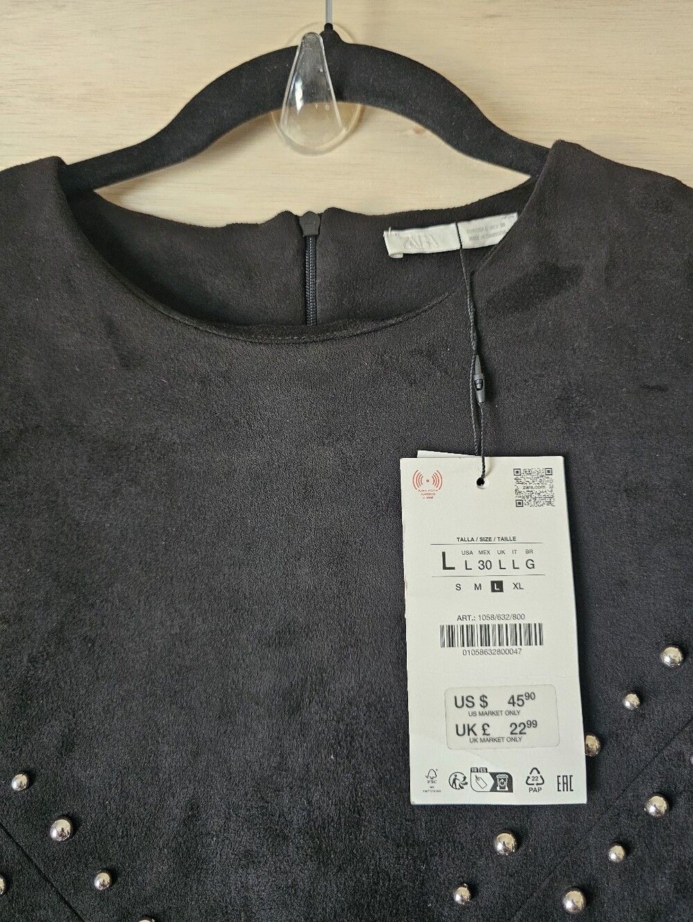 Zara Faux Suede Studded Mini Dress Black Short Sleeve Size L NWT - Picture 4 of 10